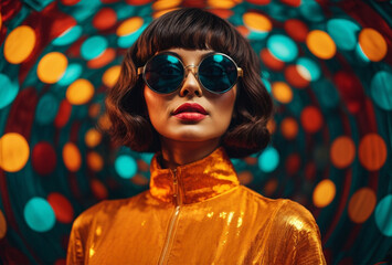 Fashion retro futuristic girl on background with circle pop art background