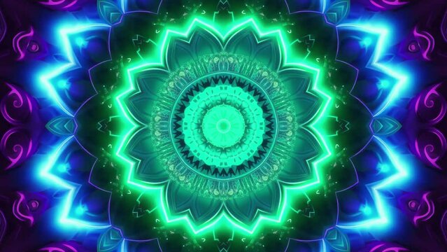 Colorful glowing mindful mandala. Abstract multicolor motion graphics and kaleidoscopic pattern.