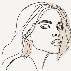 Stylish woman portrait. Outline trendy vector illustration. Continuous line drawing, minimalistic concept. Romantic image in pastel watercolor shades