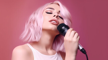 Beautiful young woman with microphone singing on pink background.