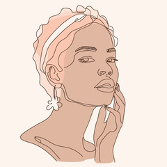 Stylish woman portrait. Outline trendy vector illustration. Continuous line drawing, minimalistic concept. Romantic image in pastel watercolor shades