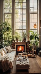 Fototapeta premium Living room with christmas tree. AI generated art illustration.