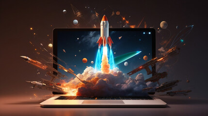 Rocket emerging, launching from the digital screen, creating a captivating visual narrative that conveys the idea of limitless exploration through technology.