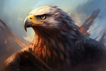 Illustration of focused eagle with feathers and sharp bill in hazy backdrop. Generative AI