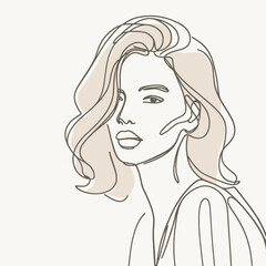Stylish woman portrait. Outline trendy vector illustration. Continuous line drawing, minimalistic concept. Romantic image in pastel watercolor shades