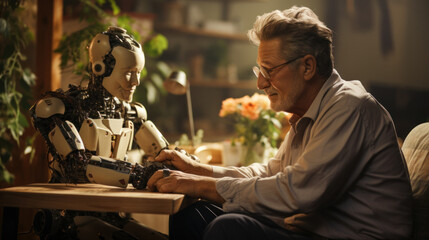 caregiver robot, utilizing artificial intelligence, sitting beside an elderly man holds his hands in a care home, symbolizing the integration of technology in elder care.