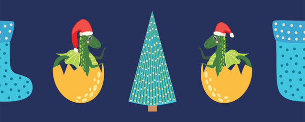 Seamless pattern with cute dragons Christmas design. Chinese New Year background with dragons for 2024