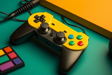 Vibrant arrangement of game controller on retro background. Retro gaming concept. Bright and bold colors. Generative AI