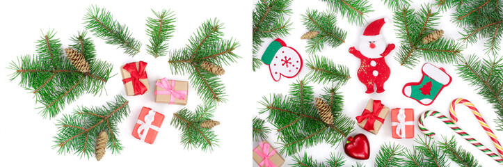 Fototapeta na wymiar Christmas background with fir branches and box isolated on white background. Top view. Flat lay