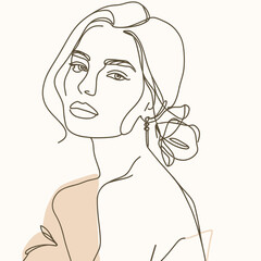 Stylish woman portrait. Outline trendy vector illustration. Continuous line drawing, minimalistic concept. Romantic image in pastel watercolor shades