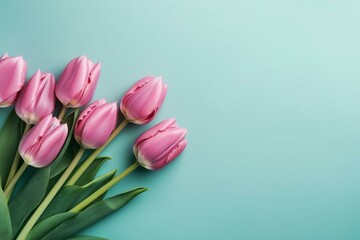 Beautiful spring flowers. Bouquet of pink tulips on pastel background. Various celebrations. Flat lay view. Generative AI - obrazy, fototapety, plakaty