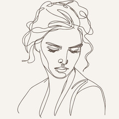 Stylish woman portrait. Outline trendy vector illustration. Continuous line drawing, minimalistic concept. Romantic image in pastel watercolor shades