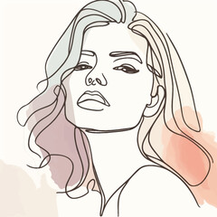 Stylish woman portrait. Outline trendy vector illustration. Continuous line drawing, minimalistic concept. Romantic image in pastel watercolor shades