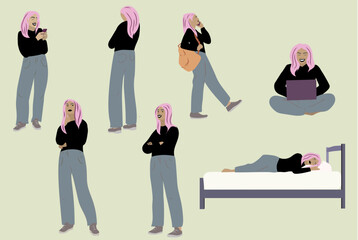 Collection of vector illustration of woman in different poses. Pink hair. Caucasian woman. Fall themed clothing. flat character simple look in fashionable jeans