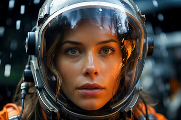 A woman wearing a space suit and helmet - obrazy, fototapety, plakaty
