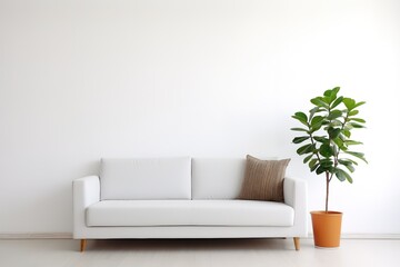 Fototapeta na wymiar White sofa and posters, frames on gray wall. Interior design of modern living room.