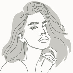 Stylish woman portrait. Outline trendy vector illustration. Continuous line drawing, minimalistic concept. Romantic image in pastel watercolor shades