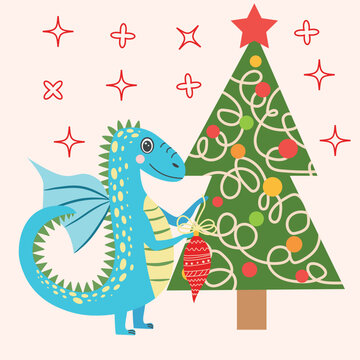 Christmas card with cute green dragon. Year of the Dragon 2024, China