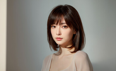 若い日本人女性とグレーの背景
