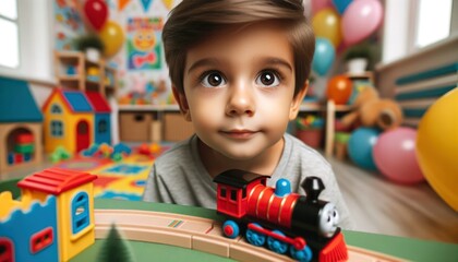 Close-up photo of a young boy with large brown eyes, filled with wonder as he gazes at a toy train moving on its track. - obrazy, fototapety, plakaty