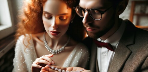 Close-up photo of a couple, a man with glasses and a woman with curly red hair, deeply engrossed in a glittering necklace's beauty.