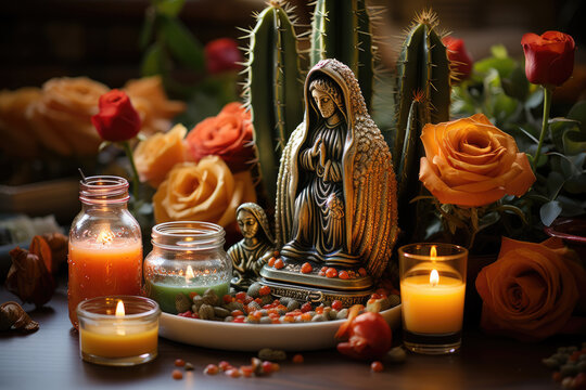 A Las Posadas altar featuring images of the Virgen de Guadalupe, a symbol of faith and devotion in Mexican culture. Generative Ai.