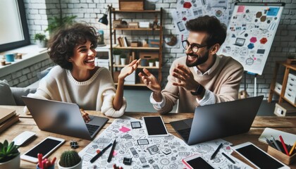 Close-up photo of two startup enthusiasts, a woman with short curly hair and a man with glasses, energetically discussing ideas. - obrazy, fototapety, plakaty