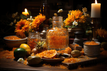 Obraz na płótnie Canvas A Las Posadas-themed altar adorned with marigold flowers, a symbol of remembrance in Mexican culture. Generative Ai.