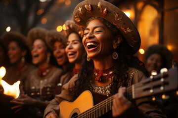 A Las Posadas choir performing traditional villancicos, filling the air with joyful melodies. Generative Ai.