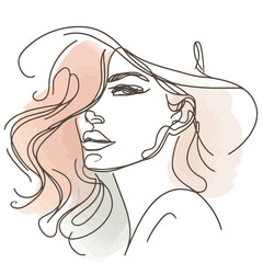 Stylish woman portrait. Outline trendy vector illustration. Continuous line drawing, minimalistic concept. Romantic image in pastel watercolor shades