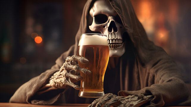 grim reaper holding a glass of beer onselective focus background