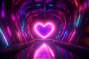 Vibrant neon heart in 3D tunnel. Generative AI