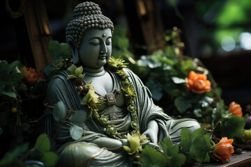 A close-up of a Buddha statue adorned with a garland of Bodhi leaves, representing the moment of enlightenment. Generative Ai.