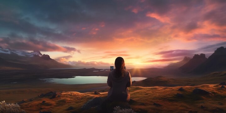 a woman that take a picture of an amazing landscape with her smartphone, AI generator