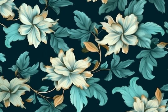 Exquisite flower ornaments in a seamless pattern for various uses like wallpaper, fabric, packaging, curtains, covers, pillows, or print design. Generative AI