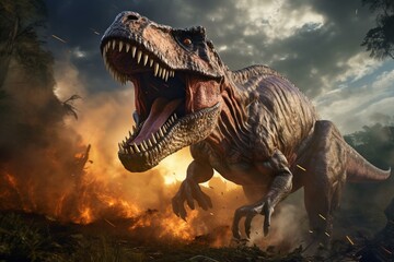 Highly detailed and lifelike 3D rendering of a T-Rex amidst the dinosaur extinction. Generative AI