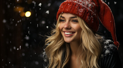 Merry and Bright: A Smiling Hot Blonde in a Red Hat for Christmas