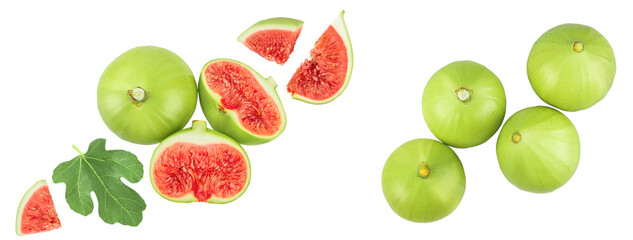 Ripe green fig fruit isolated on white background. Top view. Flat lay.