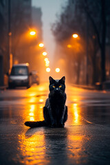 A black cat sitting in the middle of a road. Generative AI