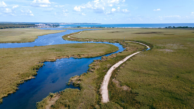 Mert Lake and Black Sea in İğneada Turkey from above with drone. Magnificent floodplain forests and nature of İğneada. Drone view of Lake Mert. İğneada sea, beach, lake, floodplain.