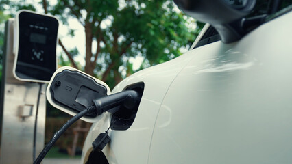 Closeup progressive modern transportation concept, electric car being charged at charging station...