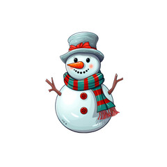 Snowman wearing a scarf and top hat. Isolated white background.