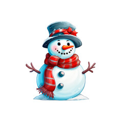 Snowman wearing a scarf and top hat. Isolated white background.