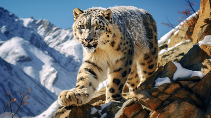 Adult snow leopard climbs down rocks against a backdrop of rocky, mountainous terrain.