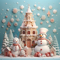 Obraz premium Snowman and house with christmas tree. 3d illustration, Ai Generated