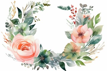 Illustration of watercolor floral wreath and bouquet frame with peach, white, pink flowers and green leaves for wedding stationary, greetings, wallpapers wrapping, DIY. Generative AI - obrazy, fototapety, plakaty