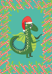 Christmas card with cute green dragon. Year of the Dragon 2024, China