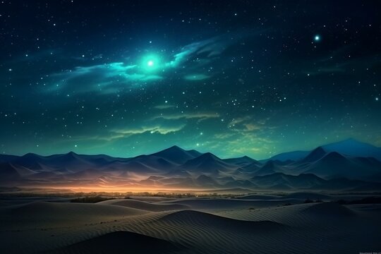 Desert night with sand dunes, stunning backdrop of green starry sky. Generative AI