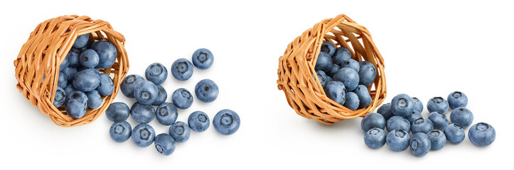 blueberry in wicker basket isolated on white background. Top view. Flat lay.