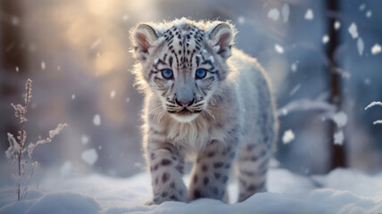 Fototapeta premium White saber-toothed tiger cub in the snow.